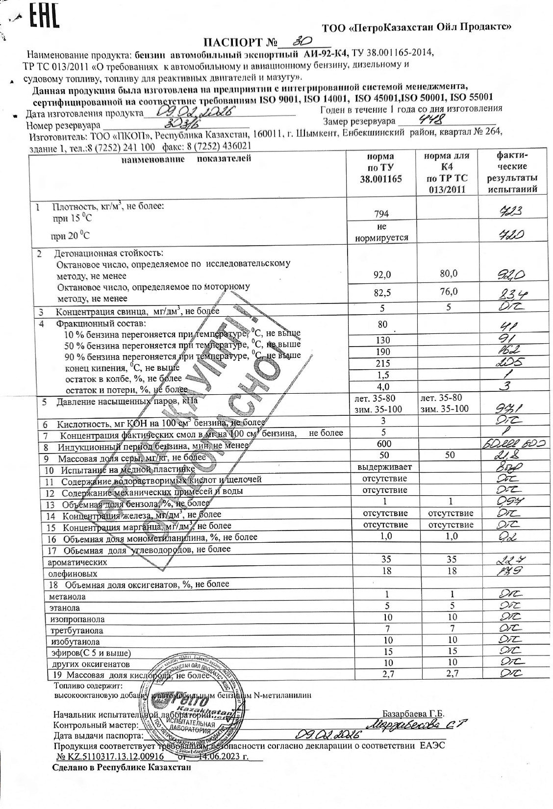 Паспорт качества АИ-92