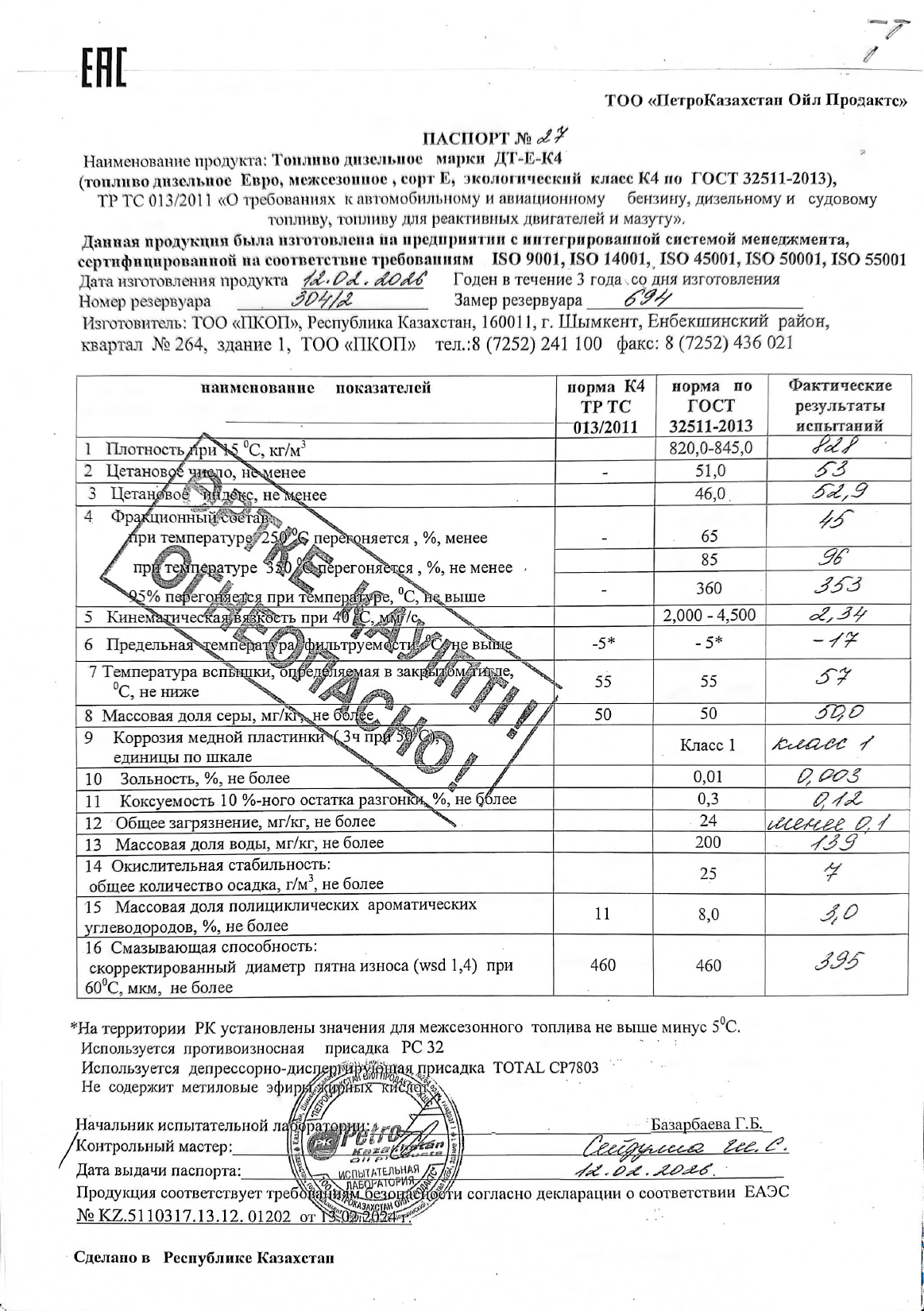 Паспорт качества дизельного топлива